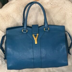 Yves Saint Laurent YSL Blue Calfskin Leather Medium Cabas ChYc Bag